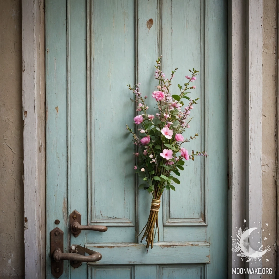 Старая дверь, украшенная веточками и цветами на ручке.