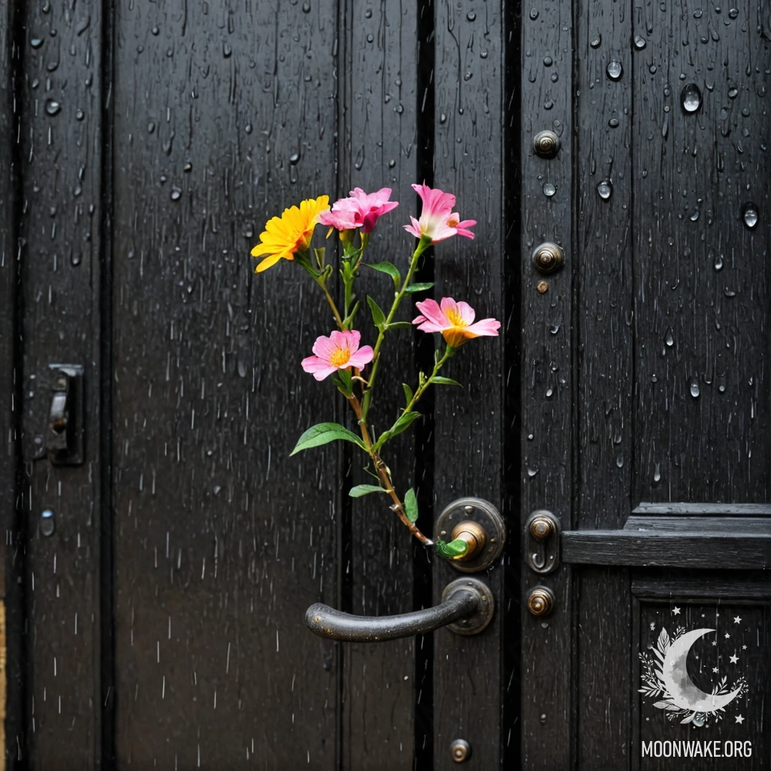 Старая дверь с веточками и цветами на ручке, под дождём.