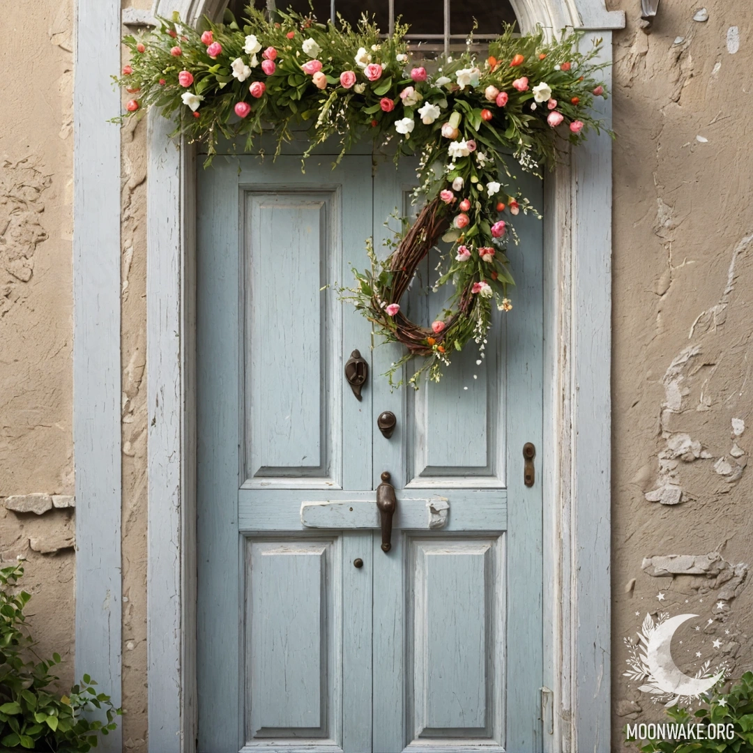 Потертая дверь, украшенная веточками и цветами на ручке, освещенная гирляндой.