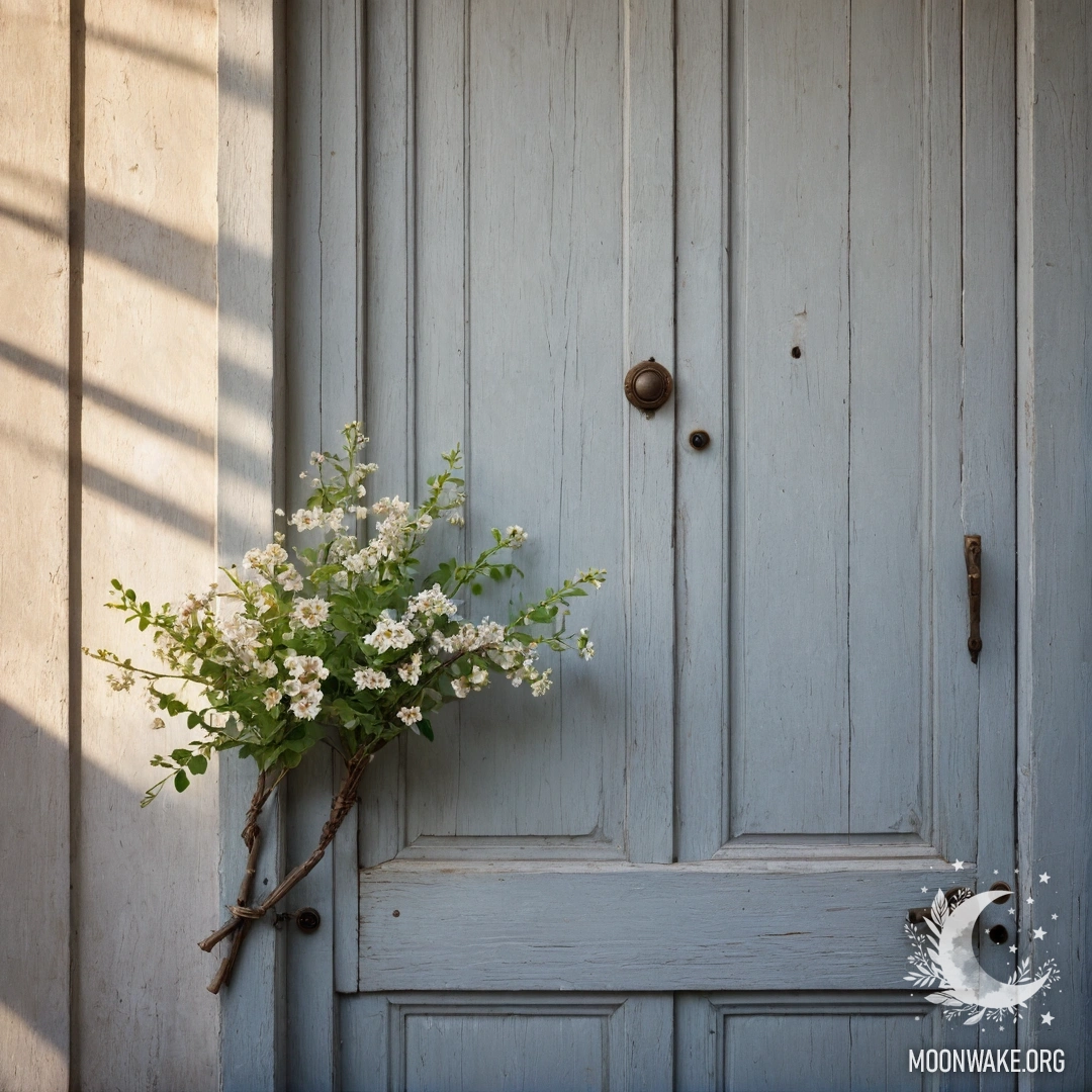 Фотография старинной двери, украшенной цветочными веточками, залитая мягким солнечным светом.