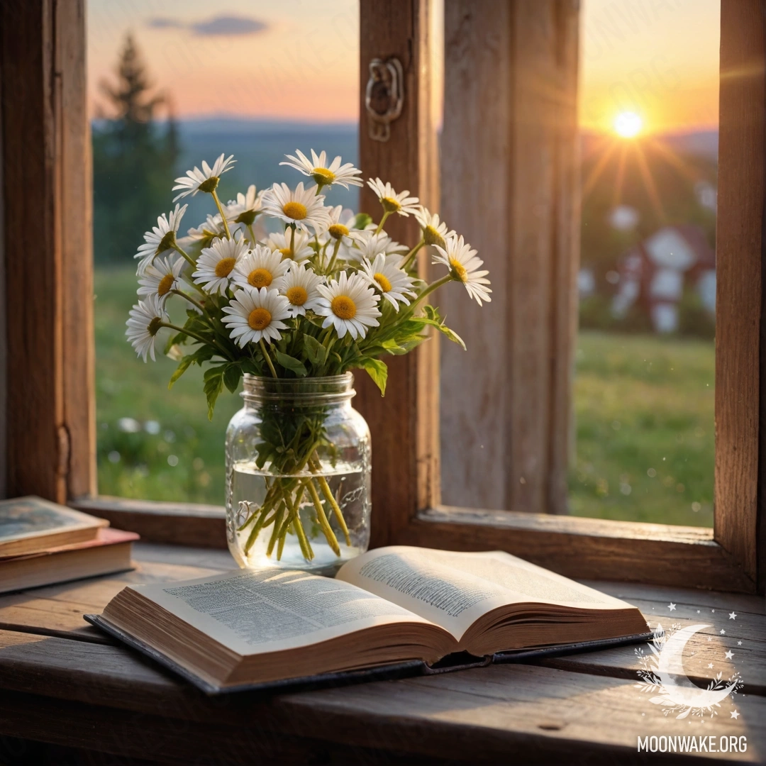 Старая дверь с веточками и цветами на ручке, освещенная закатом.