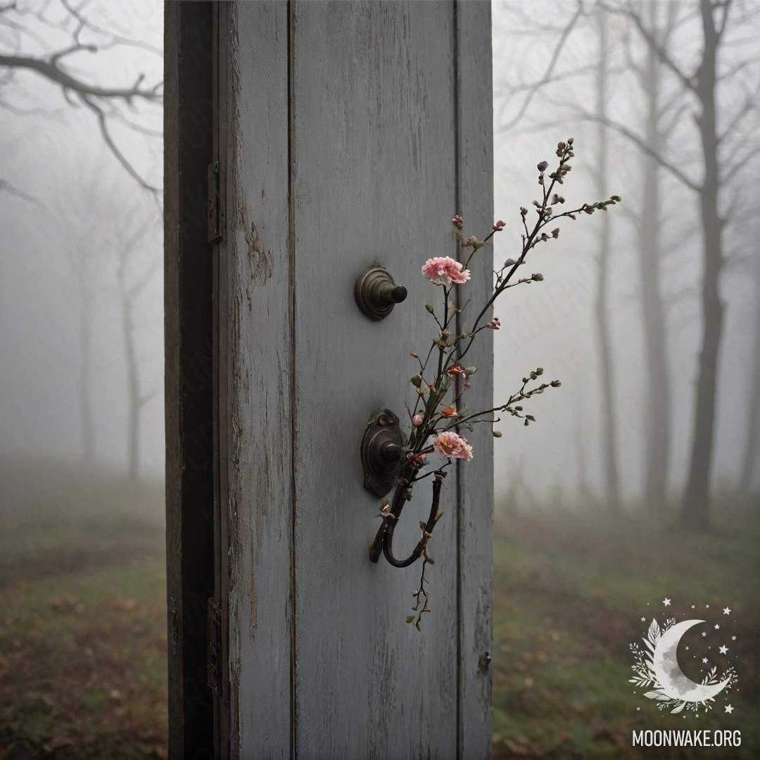 Старая дверь, украшенная веточками и цветами, окутанная густым туманом.