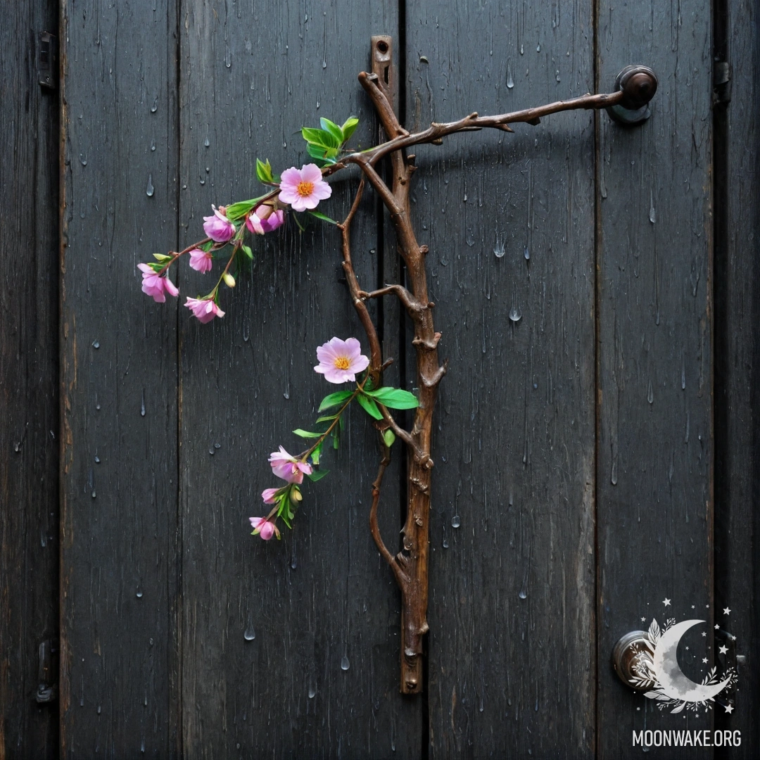 Старая дверь, украшенная веточками и цветами на ручке, вокруг идет дождь.