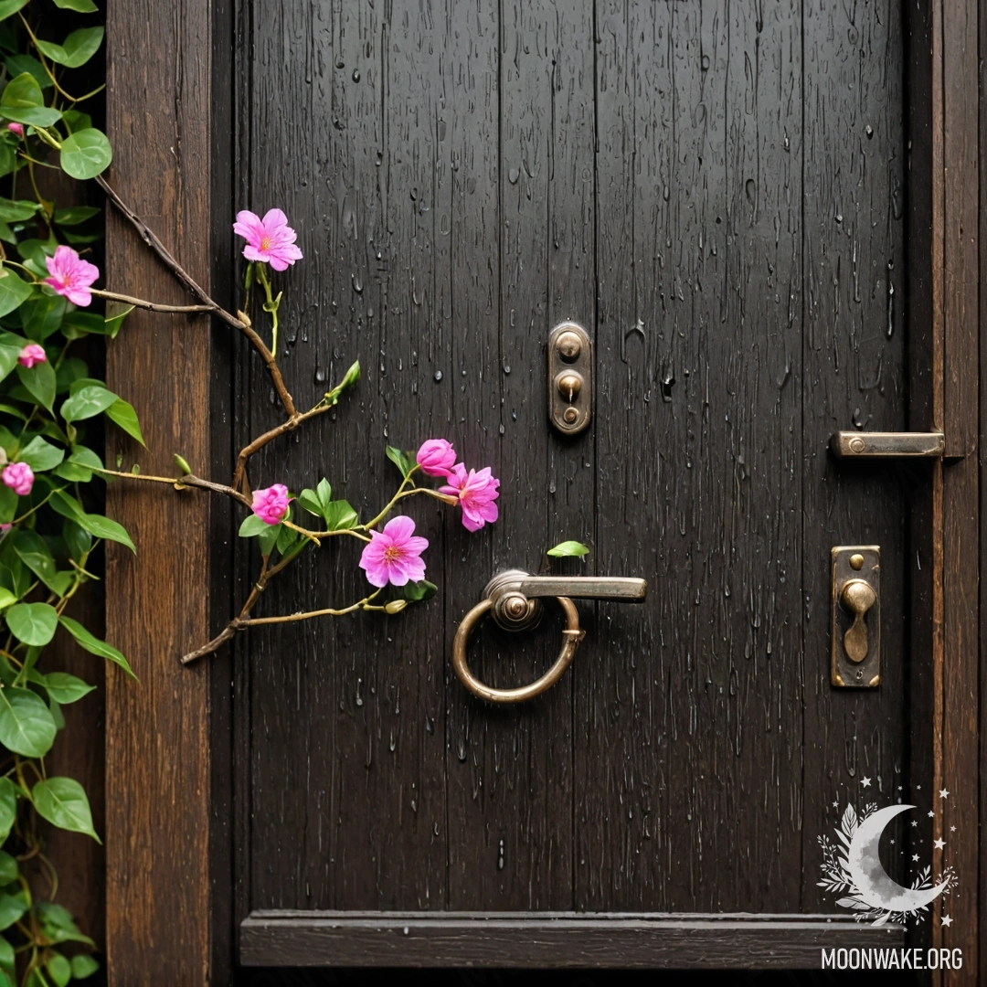 Потрепанная дверь, украшенная веточками и цветами на ручке, под дождем.