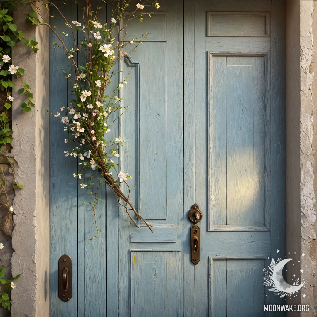Старинная дверь, украшенная ветками и цветами на ручке, освещенная солнечными лучами.