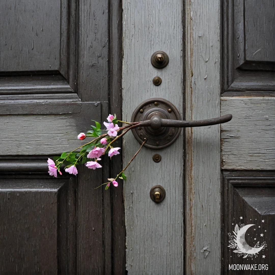 Покосившаяся дверь, украшенная веточками и цветами на ручке, на фоне дождя.