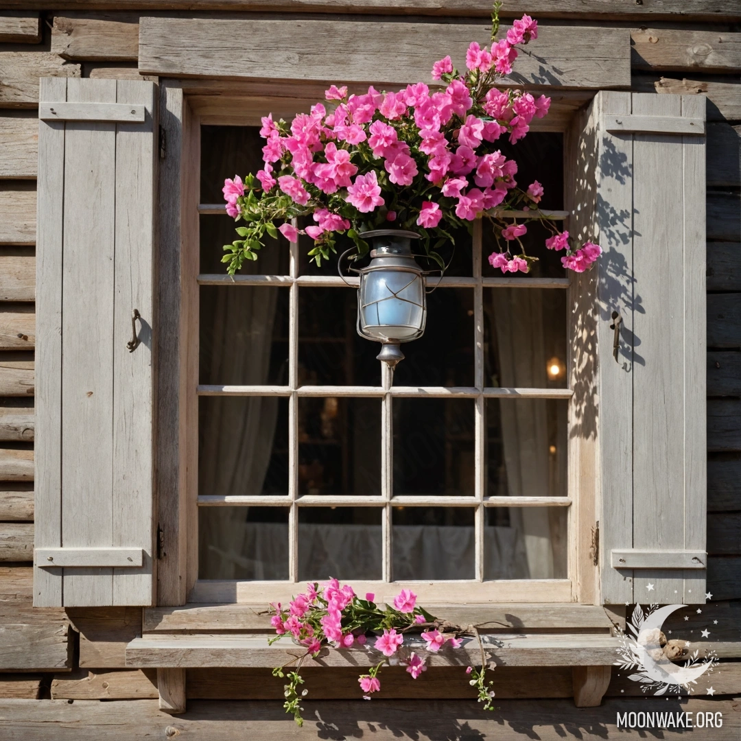 Потрескавшаяся дверь, украшенная веточками и цветами на ручке, отражающая солнечные лучи.