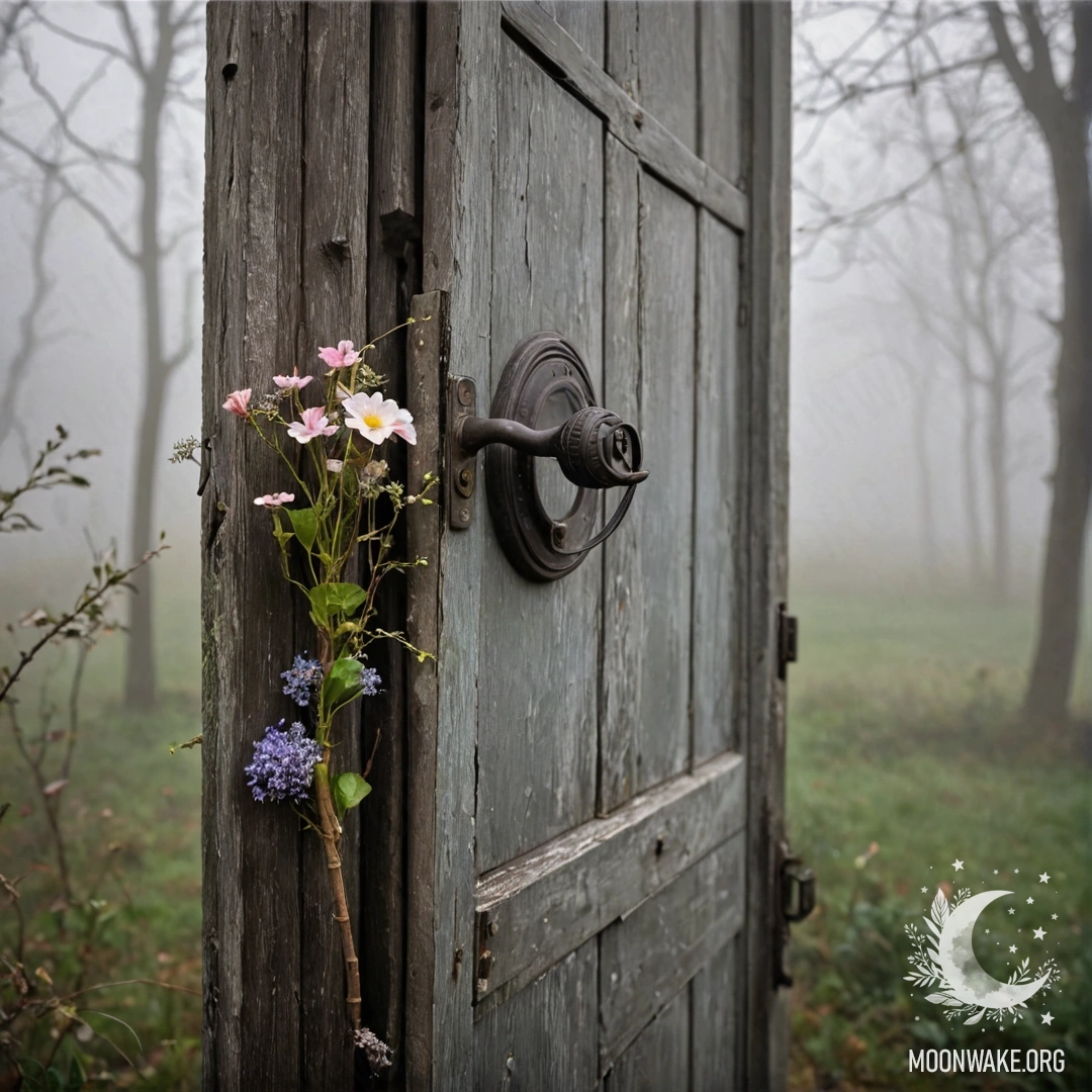 Старинная дверь, украшенная веточками и цветами, окутанная густым туманом.