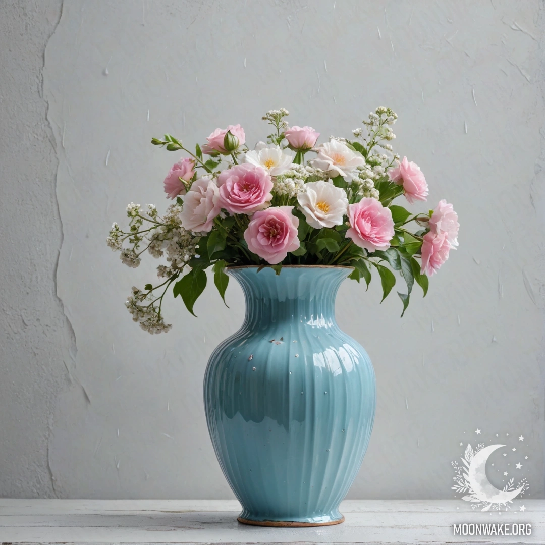 Старая пастельно-голубая ваза, наполненная белыми и розовыми цветами, на фоне белой стены, с каплями дождя.