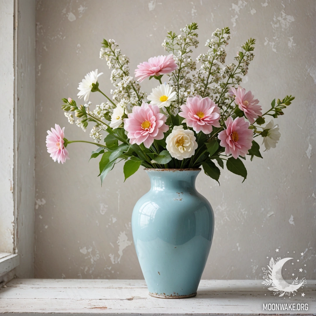 Обшарпанная пастельно-голубая ваза с белыми и розовыми цветами на фоне обшарпанной белой стены.