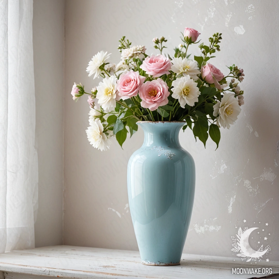Потёртая металлическая пастельная голубая ваза с белыми и розовыми цветами на фоне старой белой стены с гирляндой света.