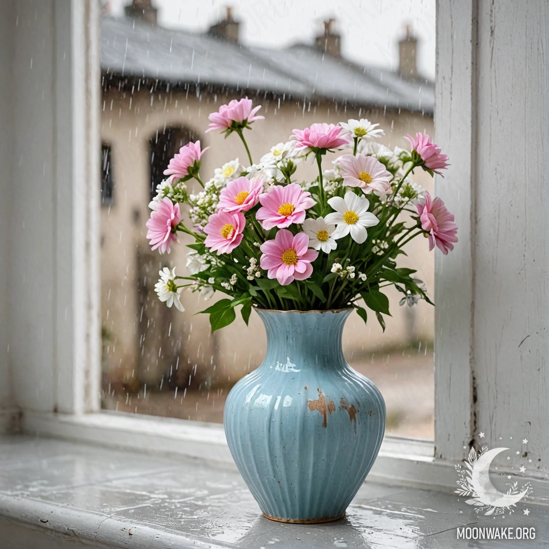 Потрескавшаяся пастельная синяя ваза с белыми и розовыми цветами на фоне потертой белой стены, вокруг дождь.