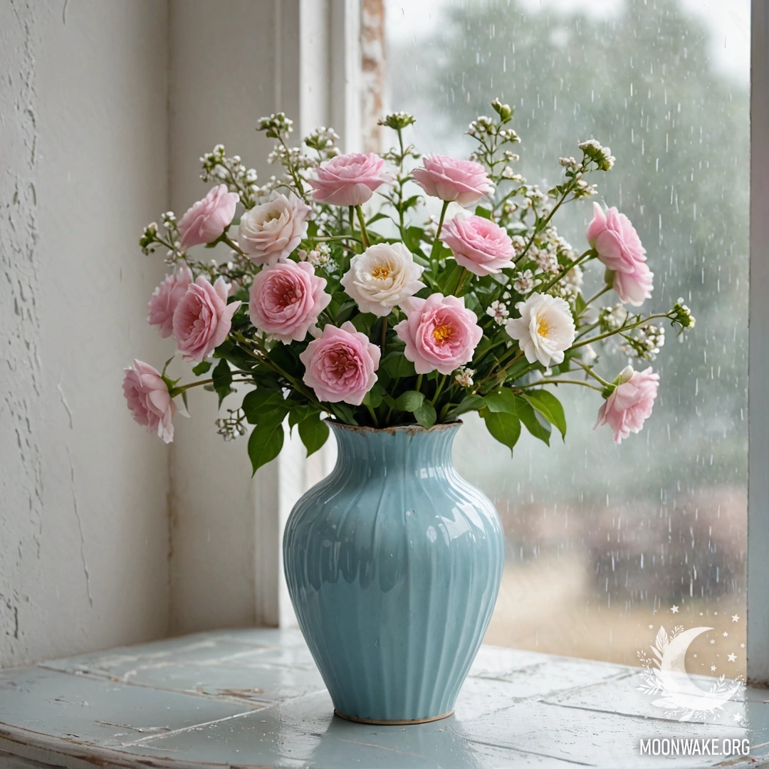 Старая металлическая ваза пастельного синего цвета с белыми и розовыми цветами на фоне потертой белой стены, под дождем.