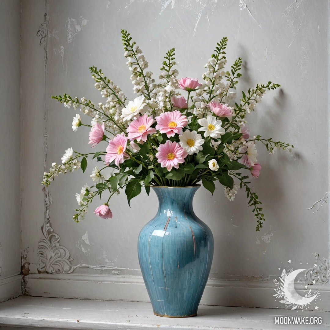 Потасканная пастельная синяя ваза, наполненная белыми и розовыми цветами, на фоне потертой белой стены в ночное время.