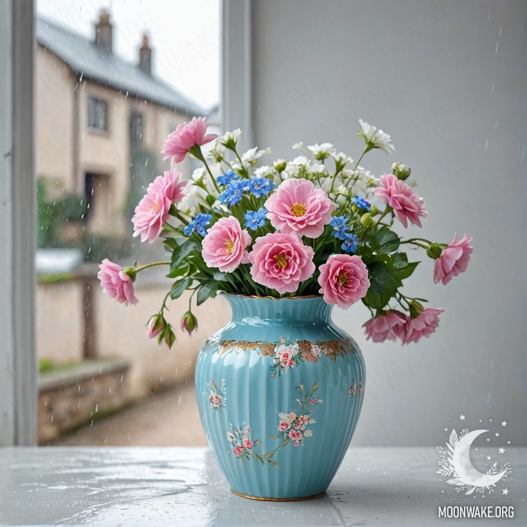 Старая голубая ваза с белыми и розовыми цветами на фоне белой стены, дождь падает на заднем плане.