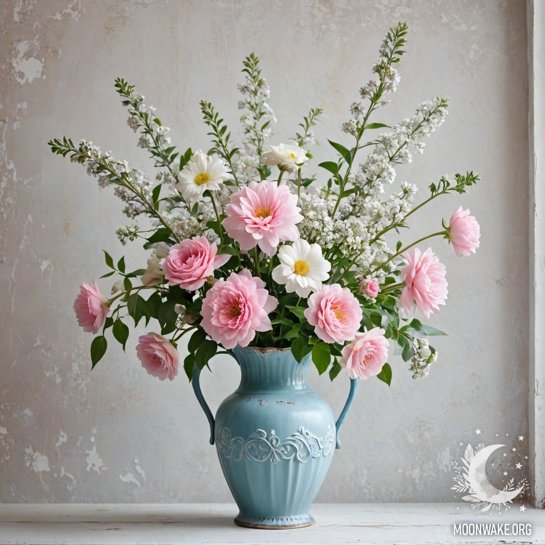 Старый каменный бордюр, украшенный маленькими белыми и розовыми цветами и теплыми гирляндами света.