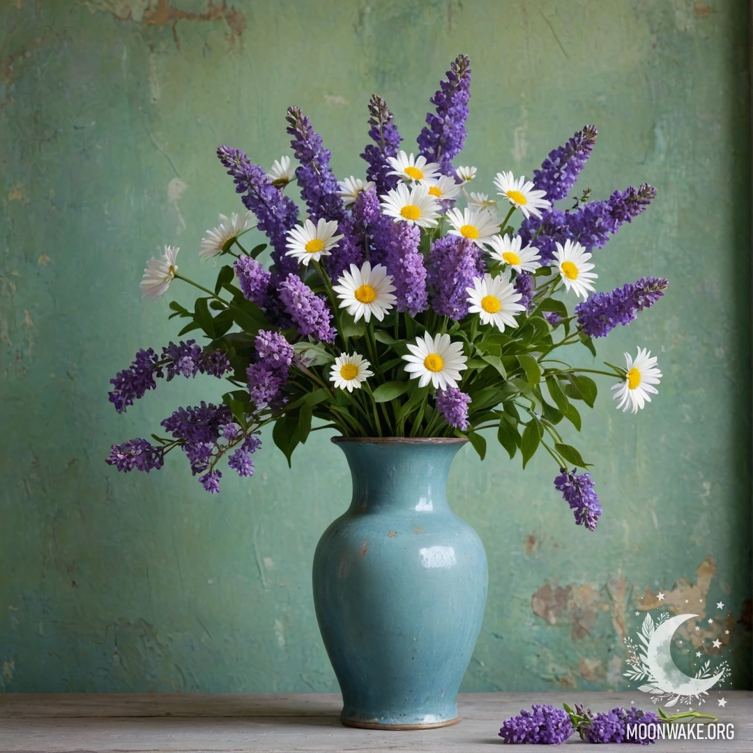 Потертый каменный бордюр, за которым растут маленькие белые и розовые цветы, подсвеченные нежными гирляндами.