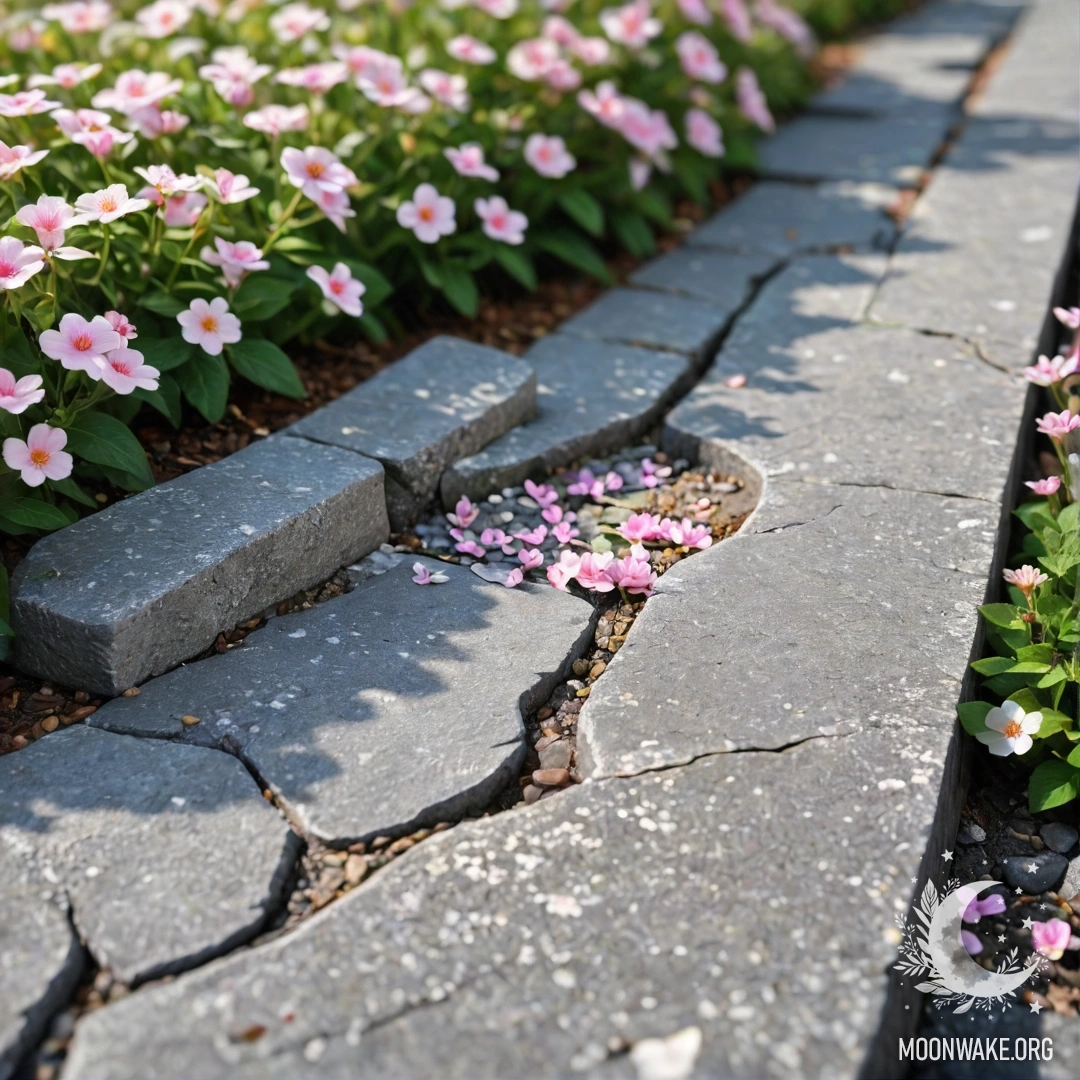 Потрескавшийся каменный бордюр с маленькими белыми и розовыми цветами позади него.