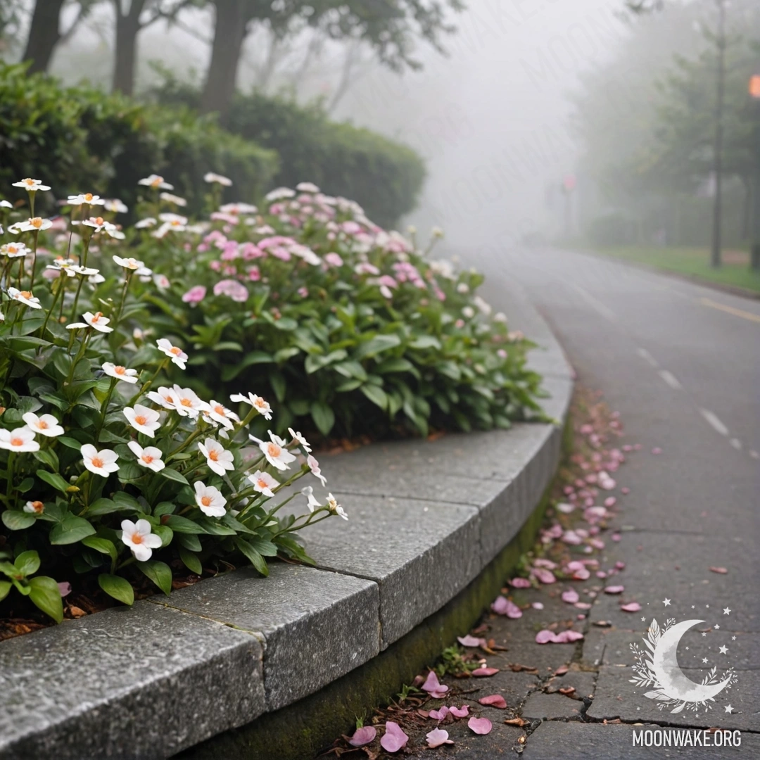 Старый каменный бордюр, украшенный маленькими белыми и розовыми цветами в густом тумане.