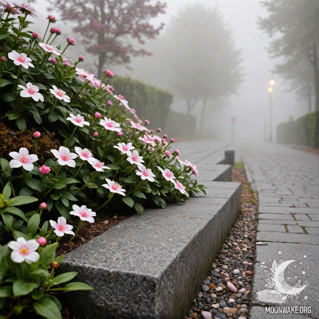 Старый каменный бордюр, за которым растут маленькие белые и розовые цветы в густом тумане.