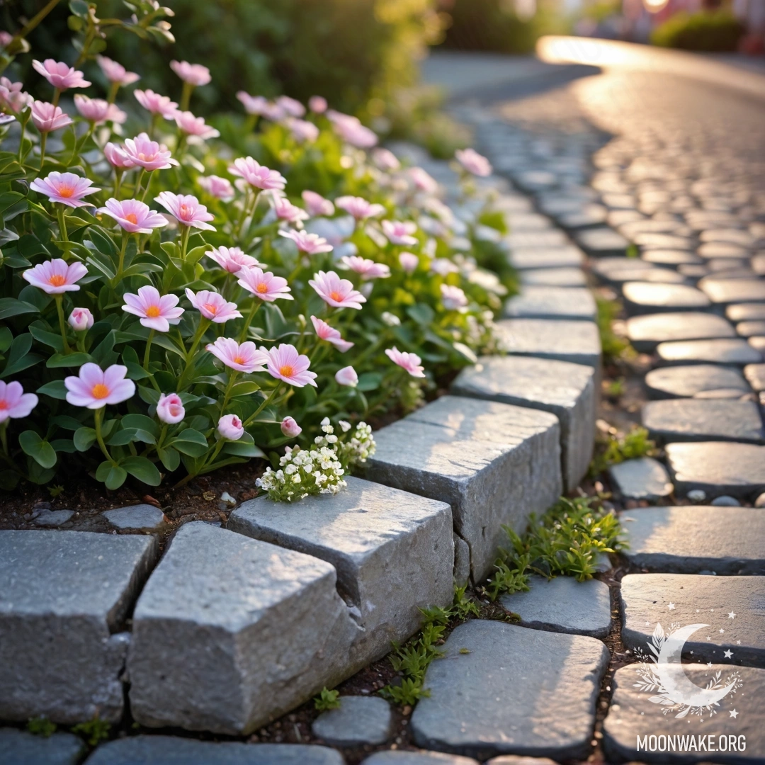 Старый каменный бордюр с мелкими белыми и розовыми цветами, растущими за ним на фоне заката.