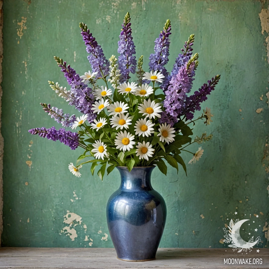 Старый каменный бордюр с маленькими белыми и розовыми цветами, растущими ночью.