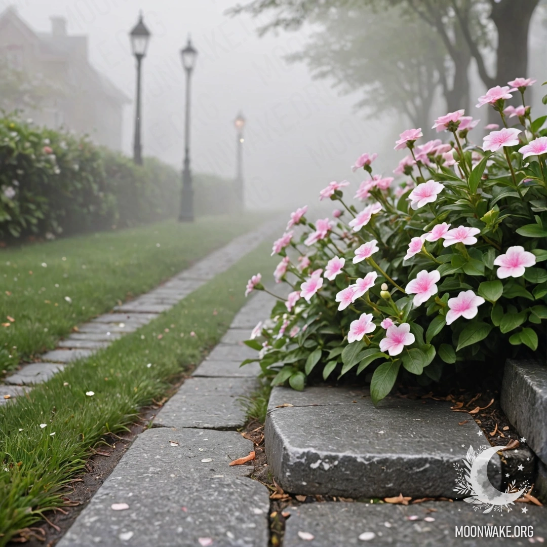 Потрепанный каменный бордюр, частично скрытый густым туманом, с маленькими белыми и розовыми цветами, растущими позади него.