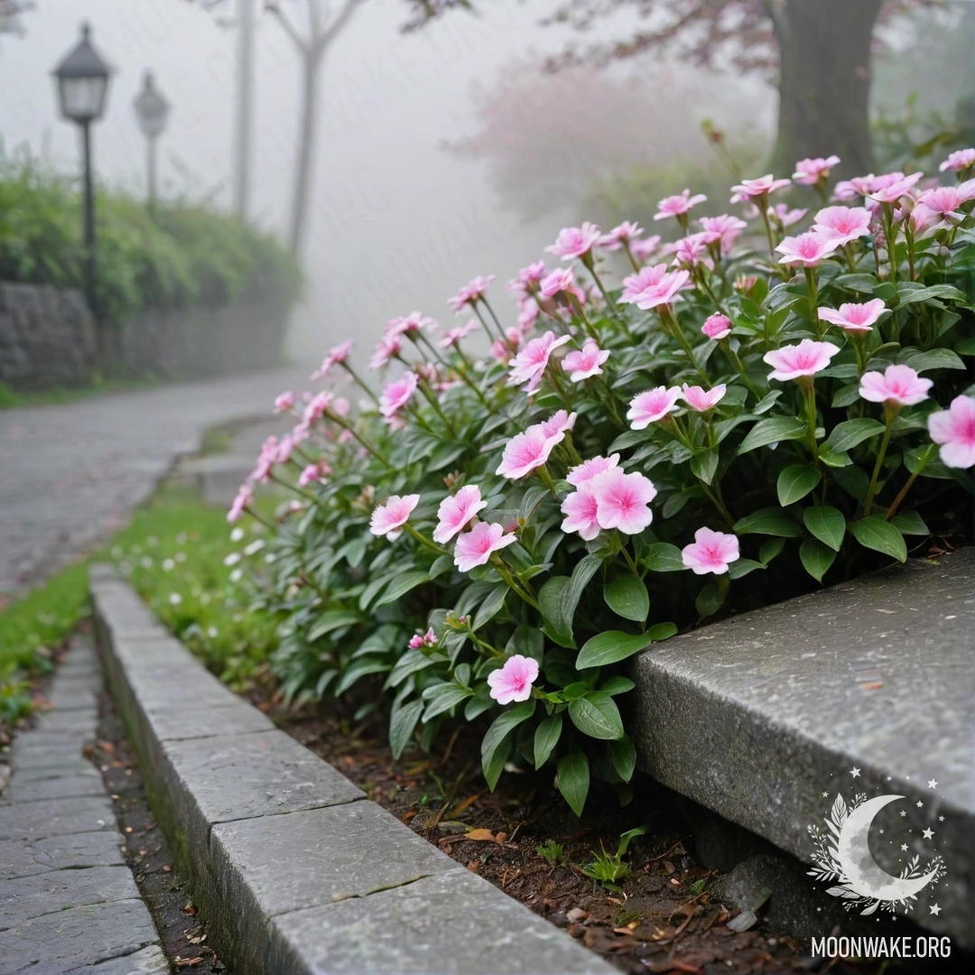 Старый каменный бордюр с маленькими белыми и розовыми цветами, растущими за ним в густом тумане.