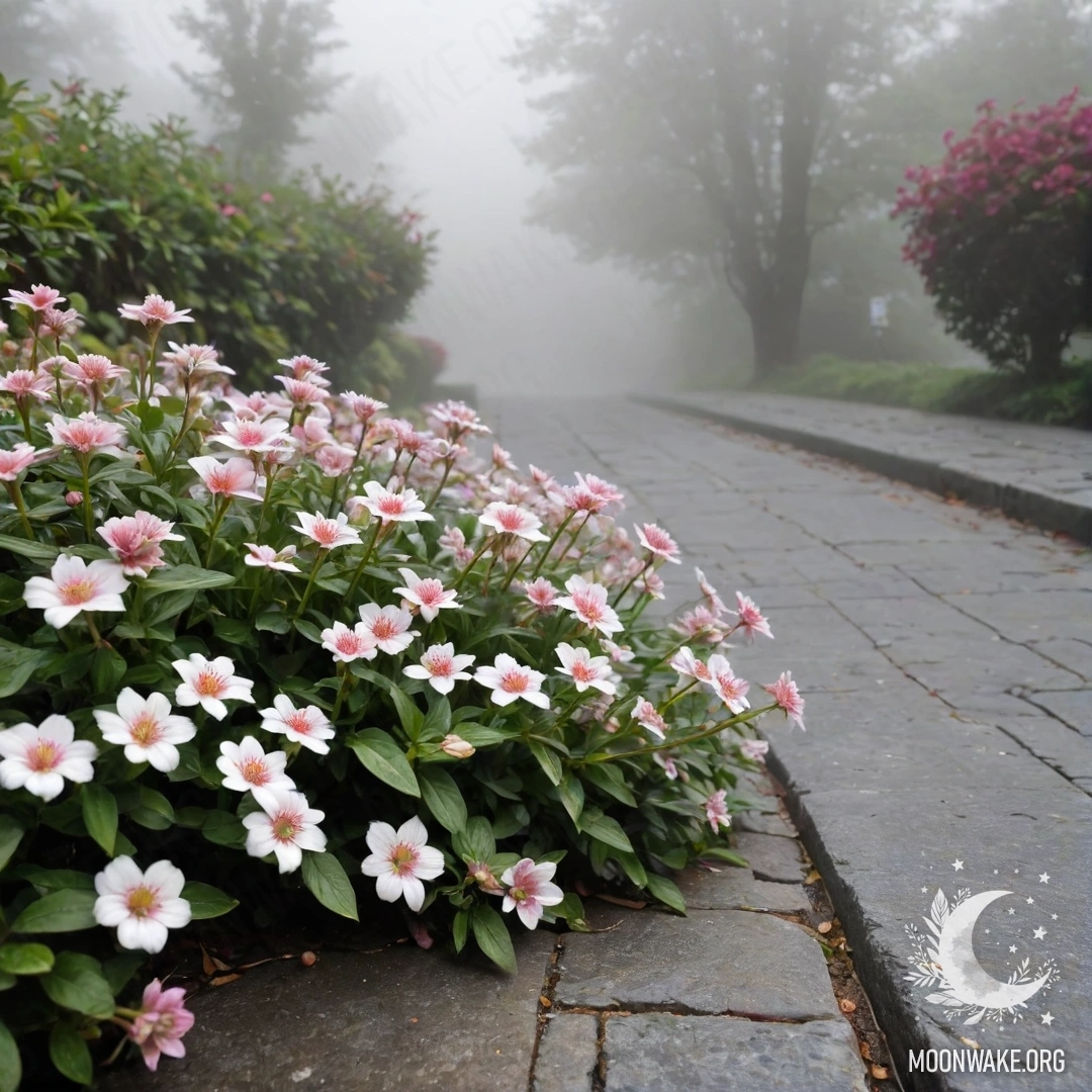 Старый каменный бордюр в густом тумане, украшенный мелкими белыми и розовыми цветами.