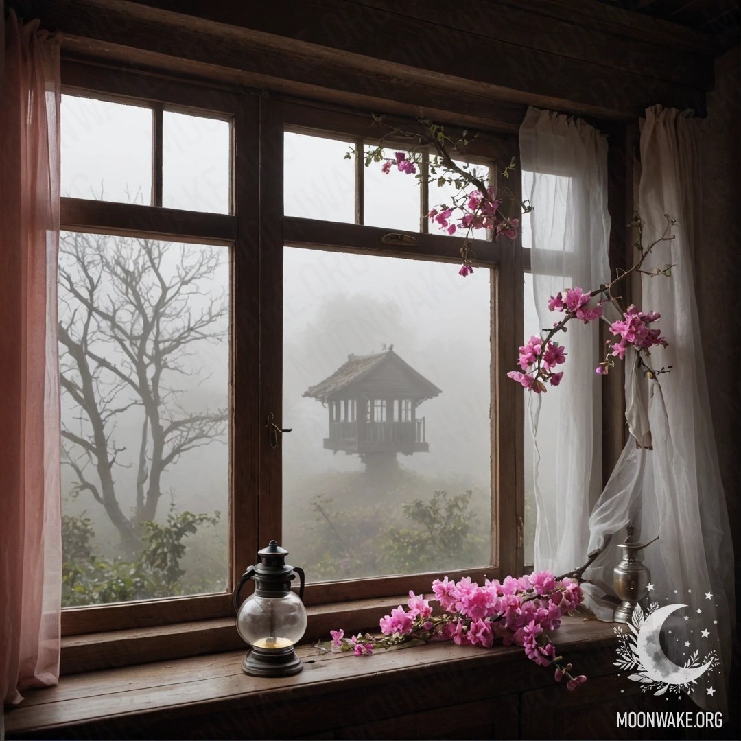 Старое деревянное окно с ставнями и висящей керосиновой лампой, окруженное розовыми цветами в густом тумане.