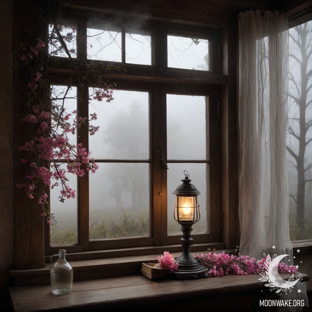 Старое деревянное окно с ставнями, керосиновая лампа свисает сверху, и розовые цветы закручены вокруг окна в густом тумане.