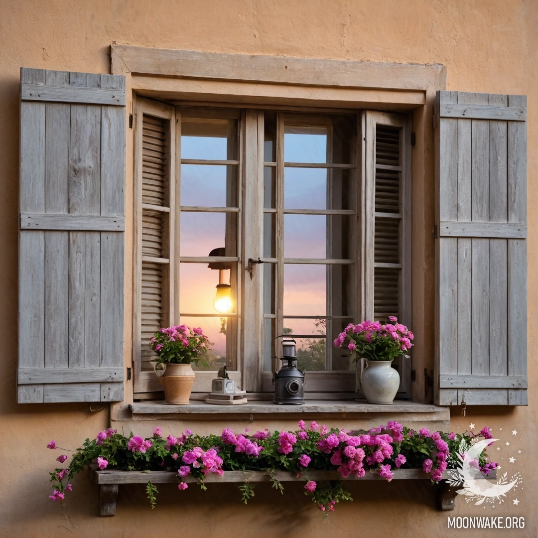 Старое деревянное окно с ставнями, украшенное веткой розовых цветов и керосиновой лампой сверху на закате.