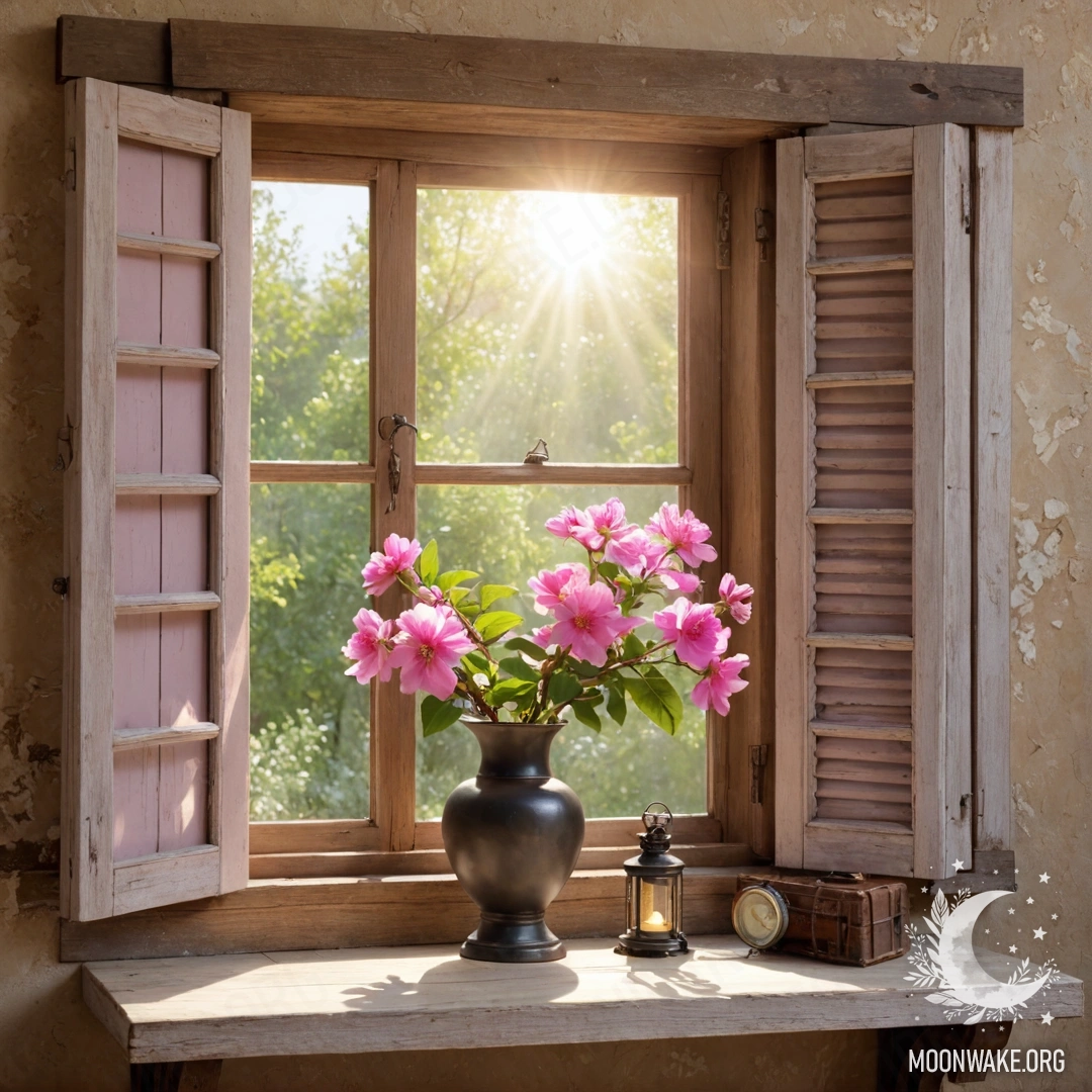 Старое деревянное окно с ставнями и керосиновой лампой сверху, окруженное розовыми цветами.