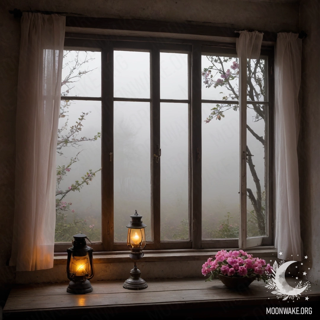 Старое деревянное окно с ставнями, керосиновая лампа над ним и розовые цветы, обвивающиеся вокруг окна, окруженные густым туманом.