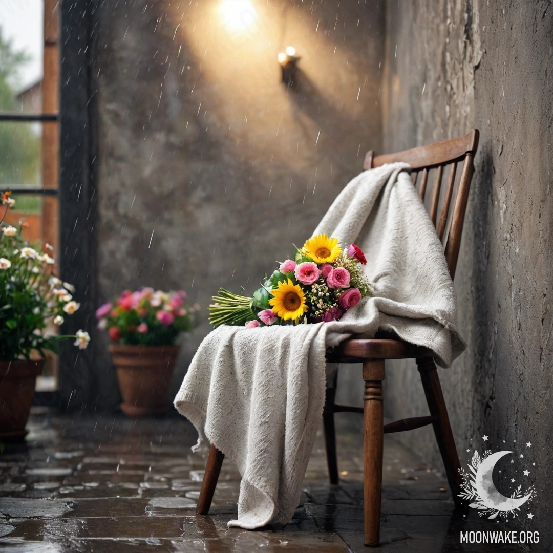 Старый деревянный стол, на котором стоит банка с цветами, на фоне размытое свечение гирлянды на закате.