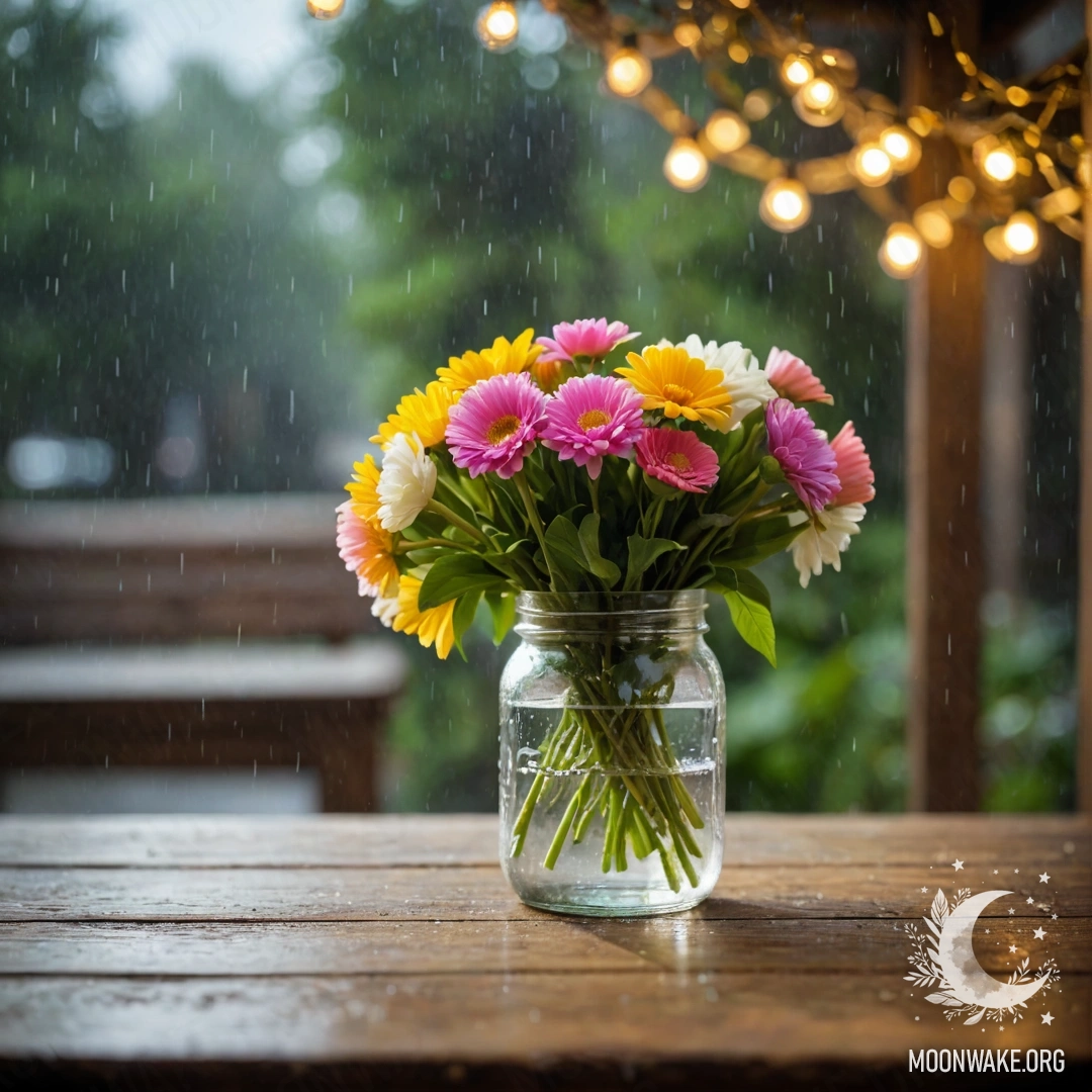 Старый деревянный стол с банкой цветов и размытыми огоньками на заднем плане под дождем.