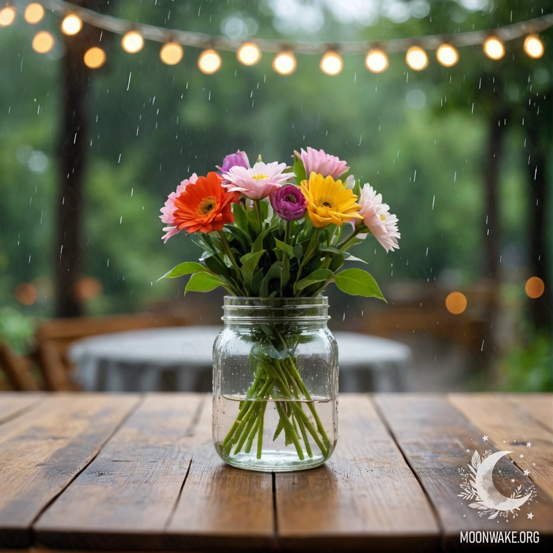 Старинный деревянный стол, на котором стоит банка с цветами, а позади сияют фонари под дождём.