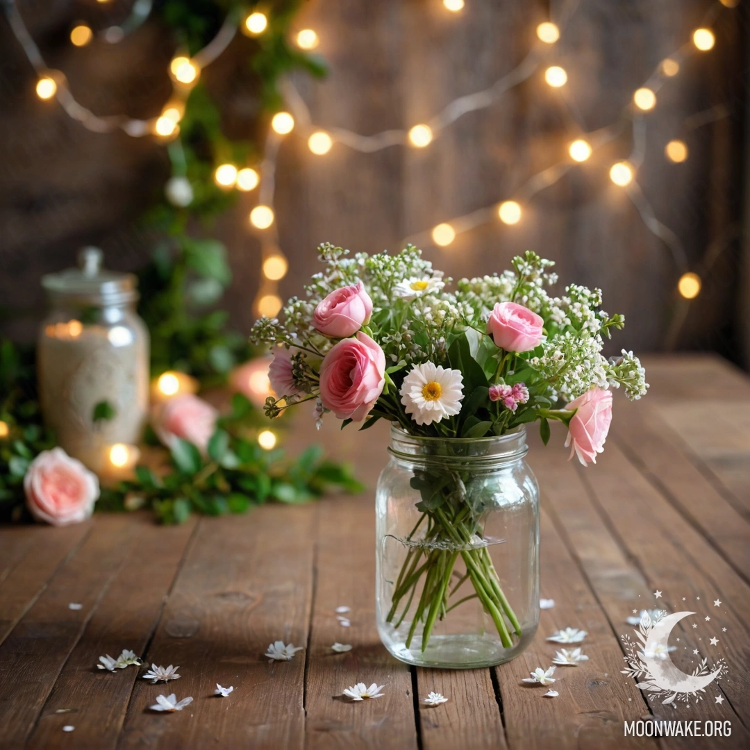 Старый деревянный стол, на котором стоит банка с букетом цветов, мягко освещенная светом гирлянды на фоне.