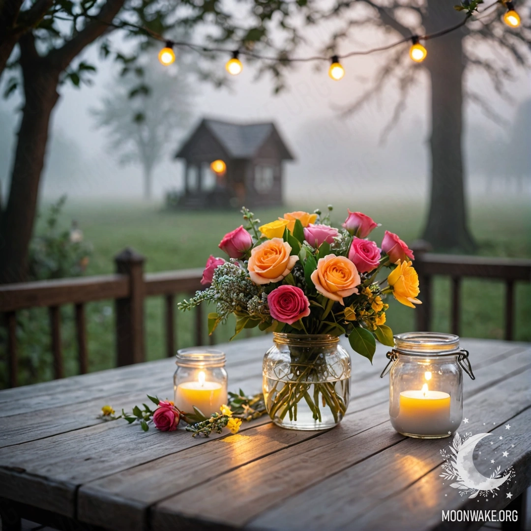 Старый деревянный стол с банкой цветов и размытым светом гирлянды в густом тумане.