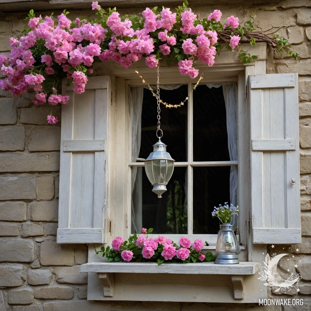 Старое деревянное окно с ставнями, украшенное розовыми цветами и висящей над ним керосиновой лампой, создающее романтическую атмосферу.