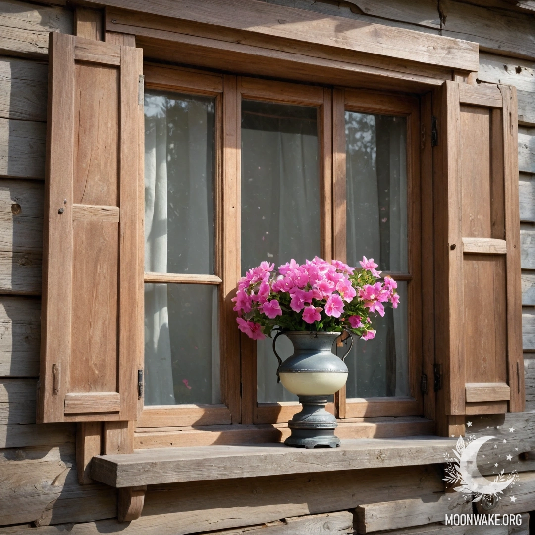 Старая деревянная рама с жалюзи, украшенная розовыми цветами и керосиновой лампой сверху.