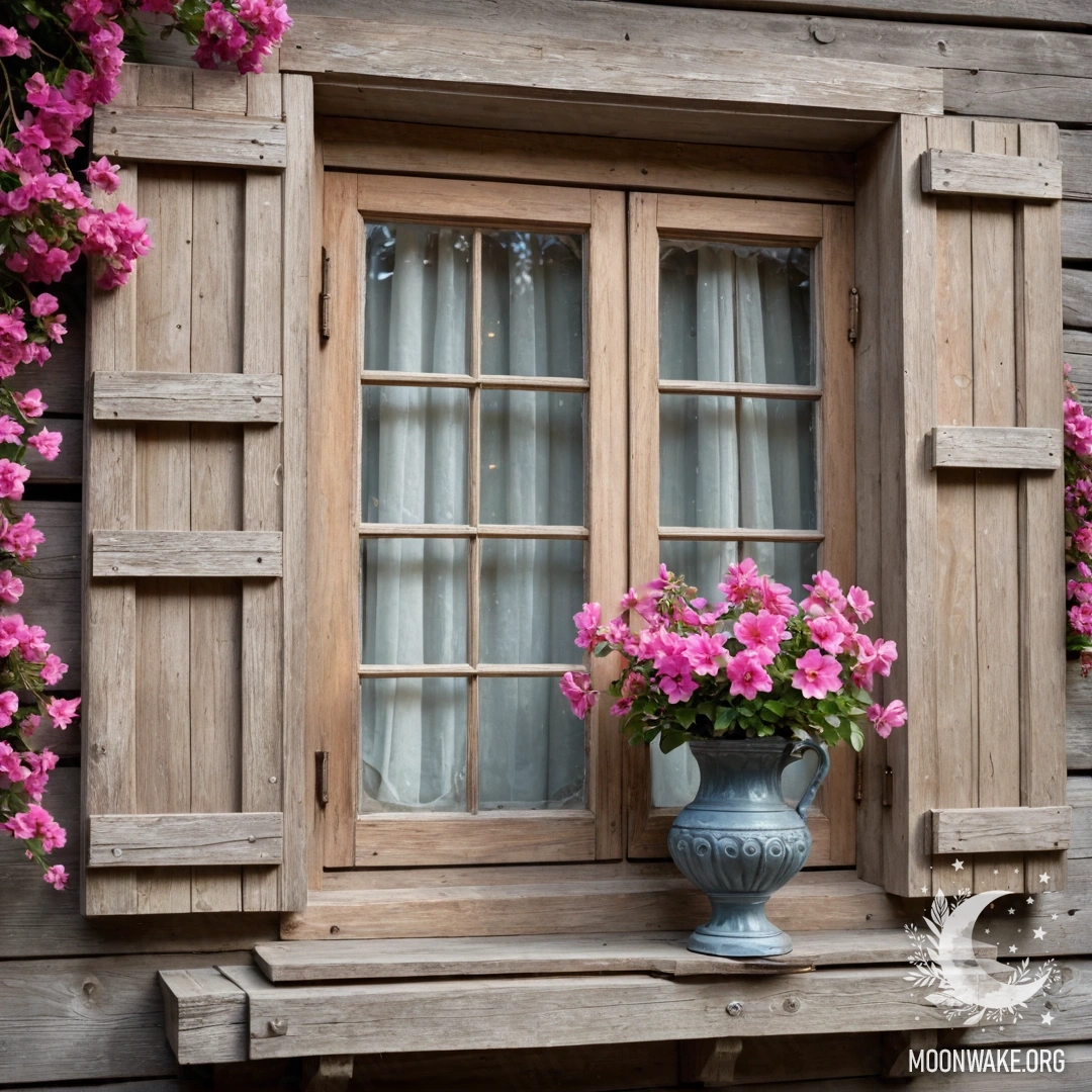 Старое деревянное окно, обвитое розовыми цветами, с керосиновой лампой над ним.