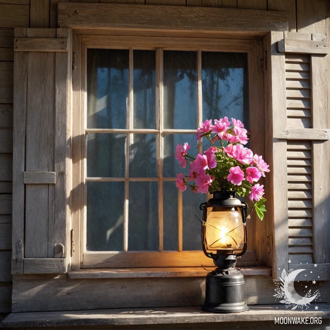 Потрепанное деревянное окно с ставнями, керосиновая лампа, висящая над ним, и розовые цветы, обвивающиеся вокруг окна на солнце.
