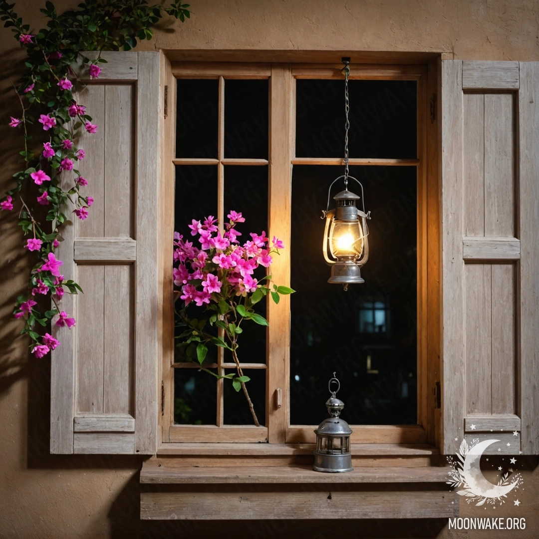 Старое деревянное окно с ставнями и керосиновой лампой над ним, украшенное веткой с розовыми цветами в ночное время.