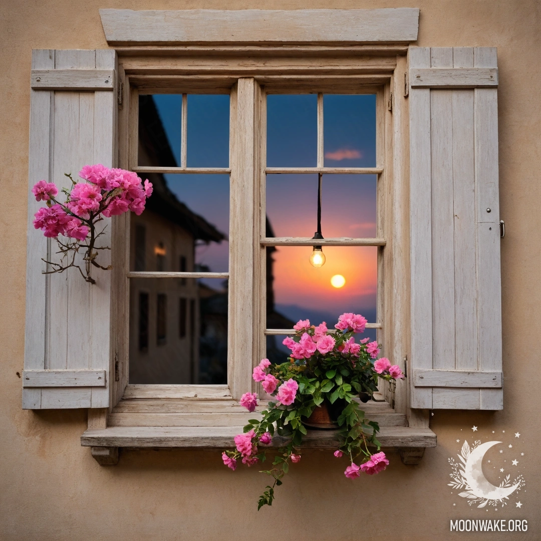 Старое деревянное окно, украшаемое розовыми цветами и лампой над ним, запечатлено на закате.