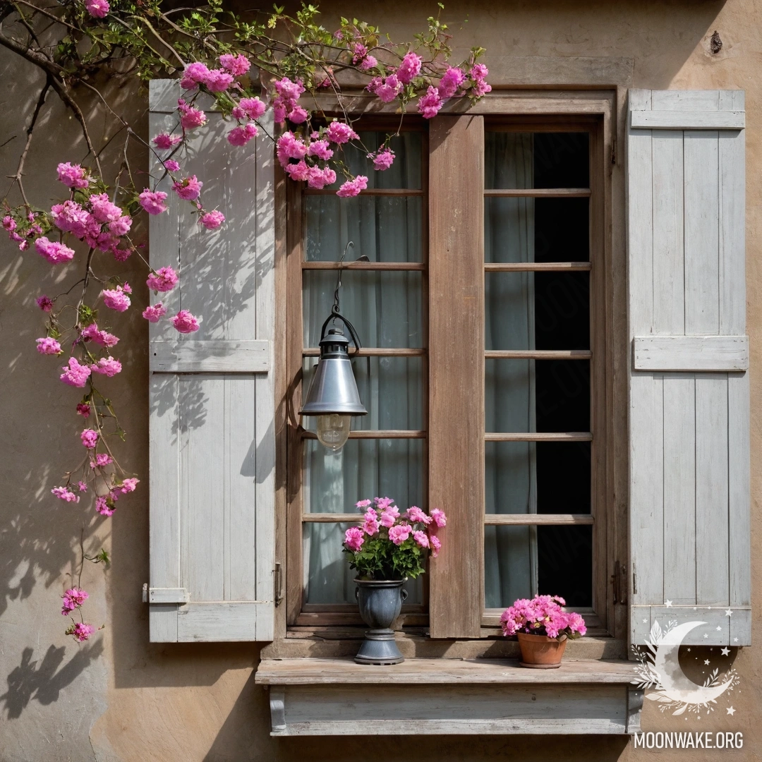 Старое деревянное окно с ставнями и керосиновой лампой над ним, украшенное веткой с розовыми цветами.