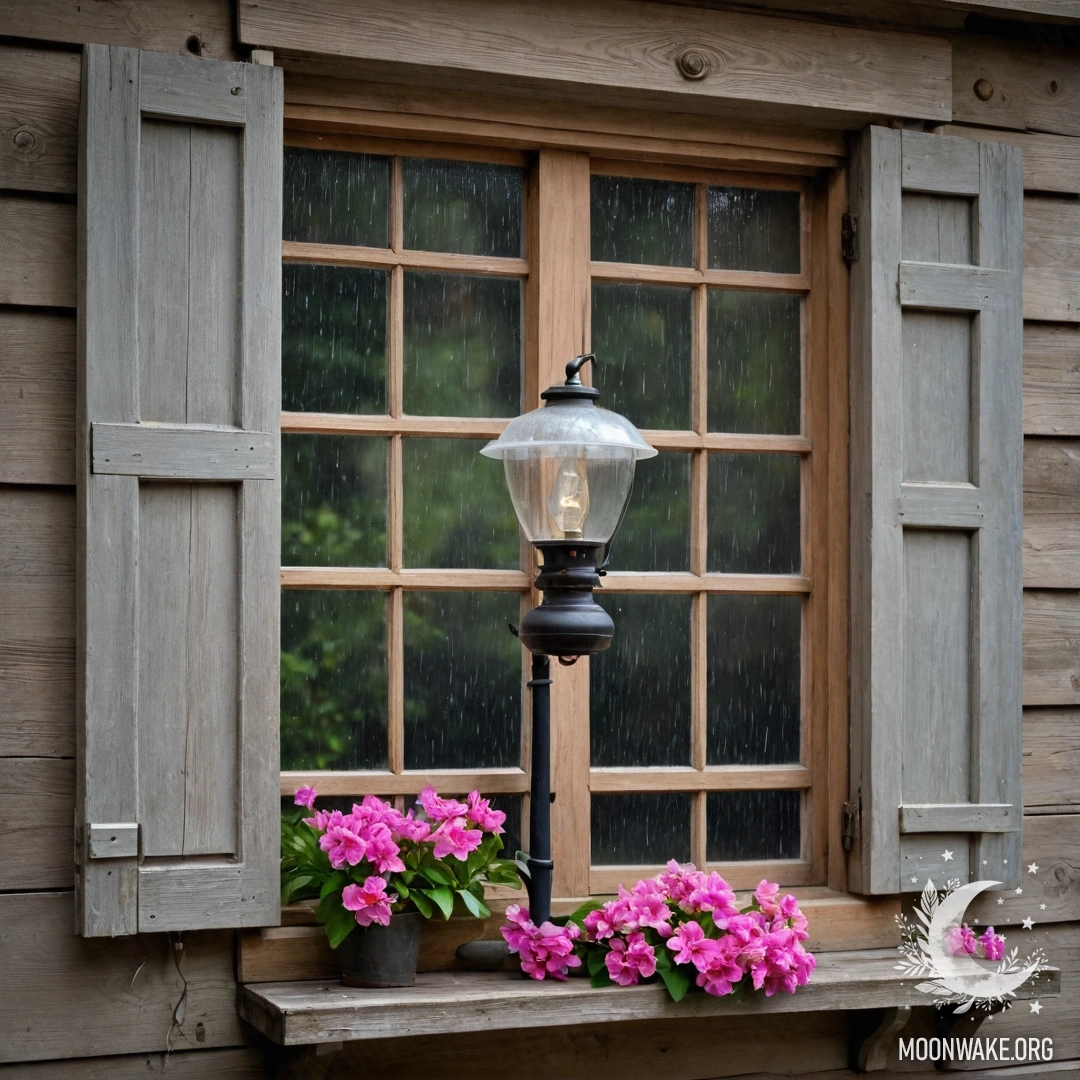 Старинное деревянное окно с ставнями, керосиновая лампа и ветка с розовыми цветами под дождём.