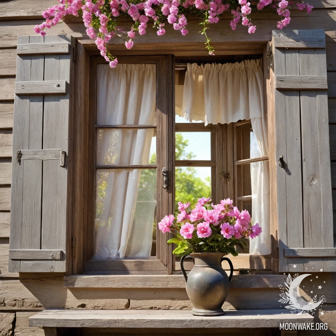 Деревянное старинное окно, украшенное розовыми цветами и керосиновой лампой.