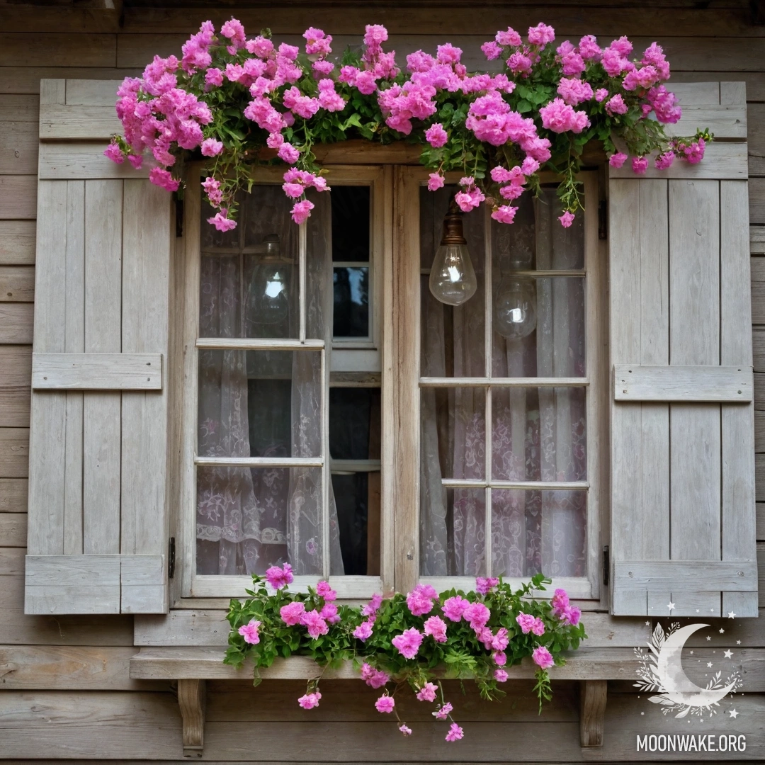 Потрескавшееся деревянное окно, украшенное розовыми цветами, освещенное висящей керосиновой лампой.