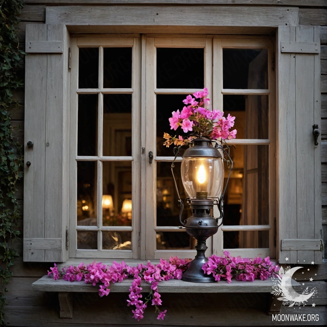 Потертое деревянное окно с ставнями, над которым висит керосиновая лампа, обрамленное розовой цветочной ветвью ночным временем суток.